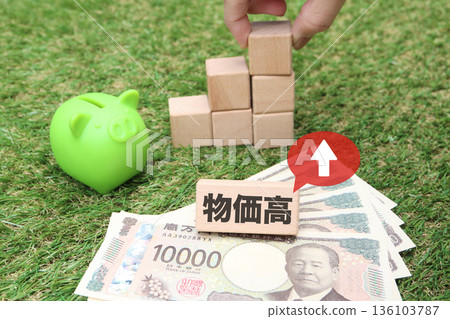 The image of high prices is represented by building blocks and a piggy bank. The image of high prices is represented by building blocks and a piggy bank. 136103787