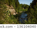 Steep bank of mountain river Ilemka near Ilemnia village, Kalush raion district, Ivano-Frankivsk oblast region of Ukraine. Overgrown with forest river bank in Carpathian mountains, Gorgany 136104040