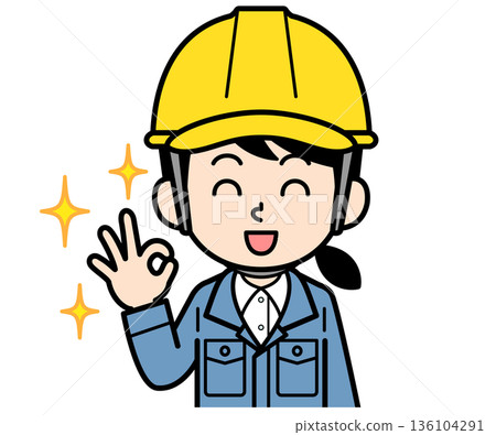 A female site supervisor wearing a helmet who says OK A female site supervisor wearing a helmet who says OK 136104291