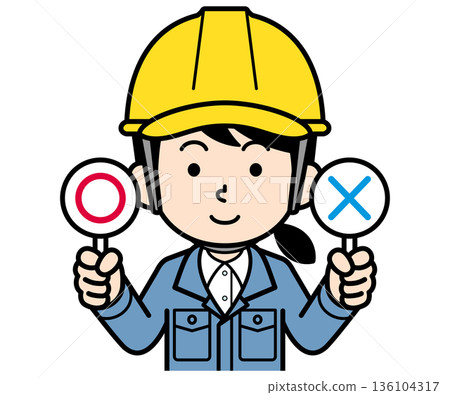 A female site supervisor wearing a helmet holding a rounded sign 136104317