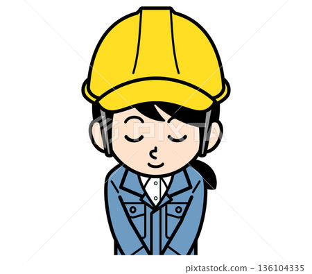A female site supervisor wearing a helmet bowing A female site supervisor wearing a helmet bowing 136104335