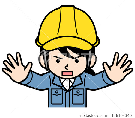 一名戴著安全帽的女工地主管擋在了路中間。 136104340