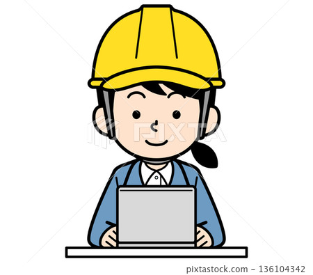 A female site supervisor wearing a helmet using a laptop 136104342
