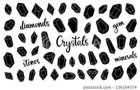 Black crystals set. Magic gem stones, diamond and jewel crystals. Gemstones, amethyst, ruby, sapphire, emerald, topaz and quartz. Vector illustration 136104374