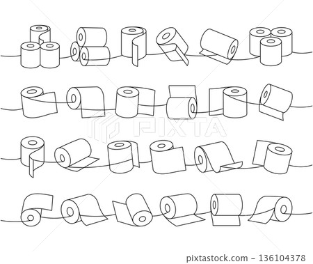 Paper napkins set. Napkins, wipes, toilet papers and other hygiene product one line continuous drawing. Vector illustration 136104378