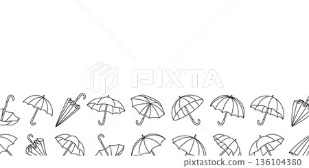 Minimal umbrella border with linear outline at the bottom of the frame. Simple vector seasonal design for weather and rain protection themes Minimal umbrella border with linear outline at the bottom of the frame. Simple vector seasonal design for weather and rain protection themes 136104380