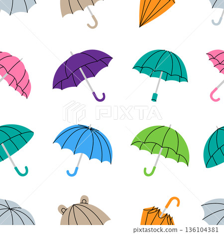Seamless colorful umbrella pattern with open and closed parasols, bright vector design for textiles, wallpaper, and wrapping paper 136104381