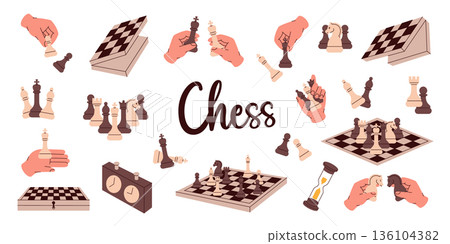 Minimalist vector chess illustrations with pieces, boards, clocks and hands in modern style 136104382