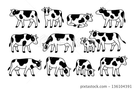 Set of minimalist cows in different poses. Collection for agriculture, dairy, and educational uses 136104391