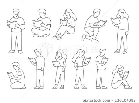 Outline vector set of people reading books in various poses. Linear black illustration for education or lifestyle concepts 136104392