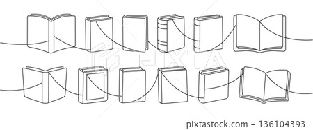 Books in two horizontal rows connected by a one line 136104393