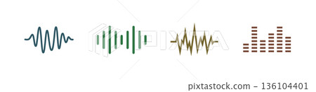 Colored minimal sound wave icons. EQ bars and frequency lines for apps and music interfaces. 136104401