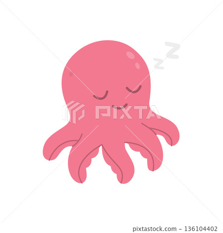 Sleeping cartoon pink octopus with peaceful face. Cute underwater animal in calm resting pose, flat vector illustration. 136104402