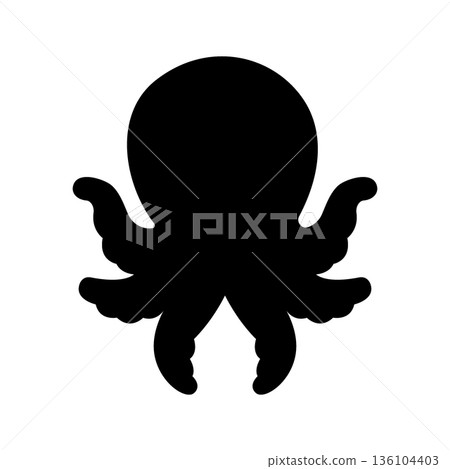 Black silhouette of octopus. Cute cartoon vector sea animal, flat icon design for marine visuals. 136104403