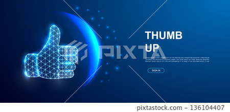 Glowing digital thumbs up symbol with futuristic elements on dark blue background 136104407