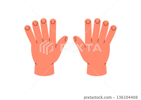 Hands showing number 10 with all fingers extended. Flat cartoon style for counting, early learning, and number charts Hands showing number 10 with all fingers extended. Flat cartoon style for counting, early learning, and number charts 136104408