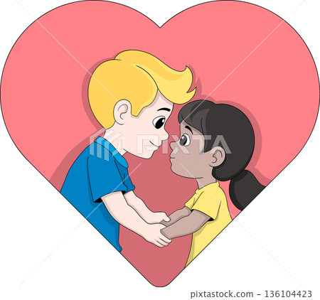 Cute Kids Love Cartoon Sticker With Heart Background 136104423