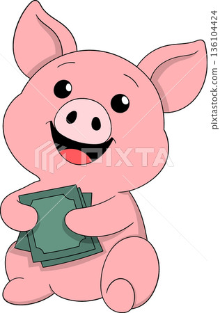 Cute Piggy Bank Cartoon Sticker Holding Money 136104424