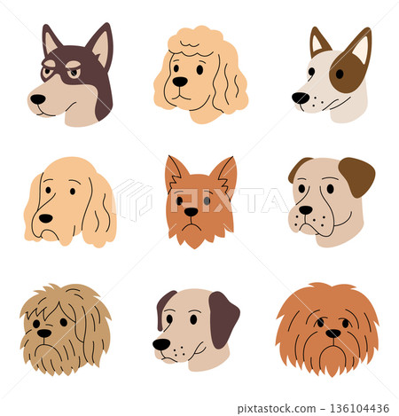 Cartoon dog collection. Flat puppy head icons set with different breeds for kids, pets and playful design 136104436