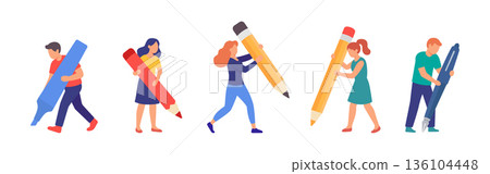 Flat vector illustration of people carrying giant pens and pencils. Creative teamwork and education concept design. Flat vector illustration of people carrying giant pens and pencils. Creative teamwork and education concept design. 136104448
