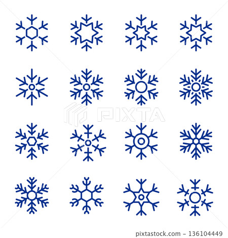 Sixteen outline snowflakes. Winter line art set for festive Christmas and New Year digital projects Sixteen outline snowflakes. Winter line art set for festive Christmas and New Year digital projects 136104449