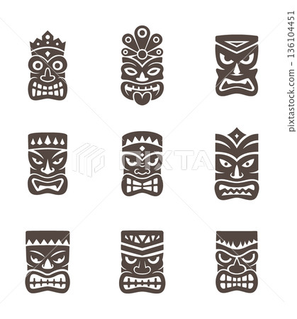 Set of nine tiki mask silhouettes in expressive faces. Polynesian tribal vector design for tattoos, festival art and cultural projects 136104451