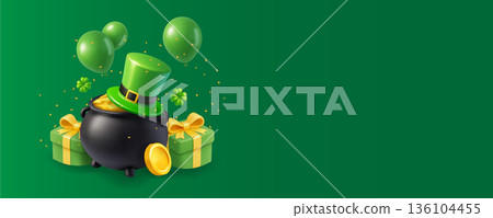 St. Patricks Day composition with pot of gold, balloons, leprechaun hat and gift boxes St. Patricks Day composition with pot of gold, balloons, leprechaun hat and gift boxes 136104455