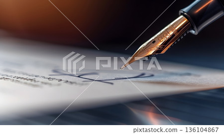 The nib of a fountain pen touching a contract The nib of a fountain pen touching a contract 136104867