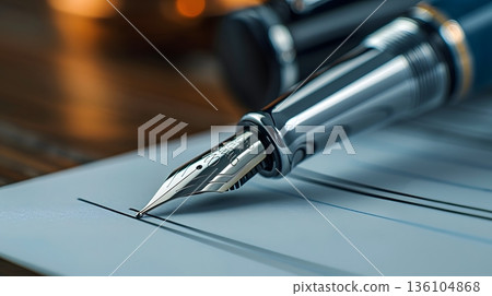 The nib of a fountain pen touching a contract 136104868