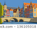 Colorful vector illustration of Bruges architecture in Belgium 136105018