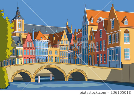 Colorful vector illustration of Bruges architecture in Belgium Colorful vector illustration of Bruges architecture in Belgium 136105018