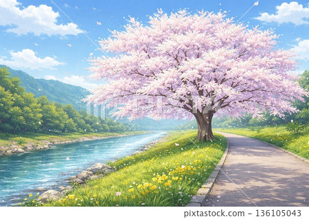 河畔櫻花樹 一棵櫻花樹在河邊和春日小徑旁盛開。 136105043