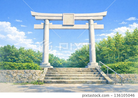Stone Torii Gate under Blue Sky Stone torii gate and approach stairs shining against the blue sky 136105046
