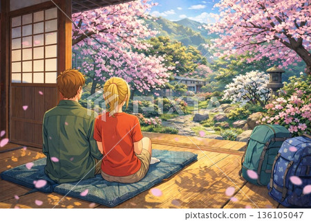 一對情侶在日式旅館的陽台上欣賞櫻花 一對情侶在日式旅館的陽台上欣賞櫻花 136105047