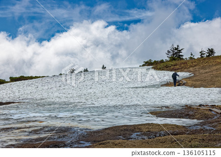 Climbers walking along the snow-covered mountain trail on the ridge of Aizu-Komagatake 136105115