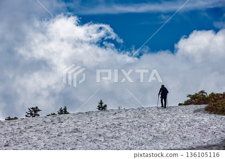 登山客沿著會津駒嶽山脊上積雪覆蓋的山徑行走。 登山客沿著會津駒嶽山脊上積雪覆蓋的山徑行走。 136105116