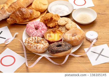 一個用「是」或「否」字樣標示高糖甜甜圈健康風險的標籤 136105145