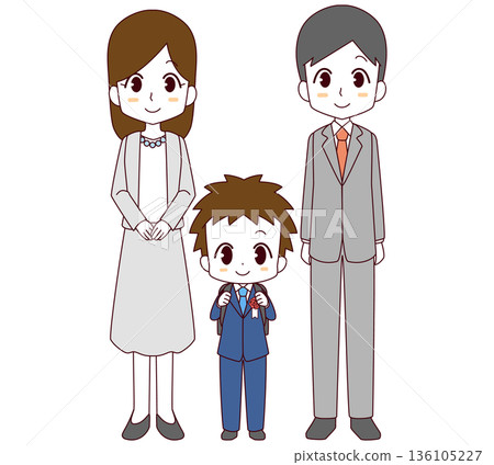 Illustration of a new first grade boy and his parents at the entrance ceremony 136105227