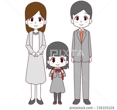 Illustration of a new first grade girl and her parents at the entrance ceremony 136105228