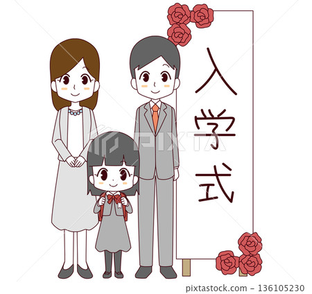 插圖描繪了一位一年級新生和她的父母站在入學典禮的標誌前。 插圖描繪了一位一年級新生和她的父母站在入學典禮的標誌前。 136105230