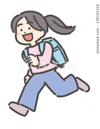 Elementary school girl running on a bag carrying a school bag Elementary school girl running on a bag carrying a school bag 136105328