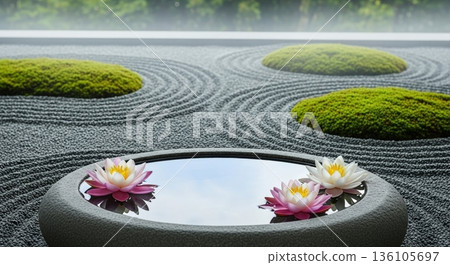 Wellness image of meditation in a Zen and rock garden for healing and relaxation 136105697