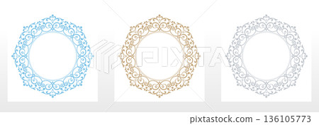 Set of decorative frames Elegant vector element for design in Eastern style, place for text. Floral colored frames. Lace illustration for invitations and greeting cards 136105773