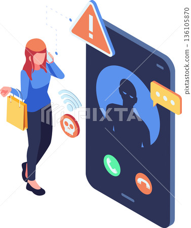 Isometric Woman Receiving Scam Phone Call 136105870