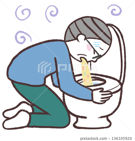 Illustration of a senior man vomiting in the toilet 136105920