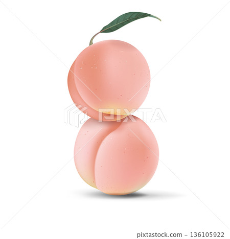 Two fresh peaches with leaves on white 136105922