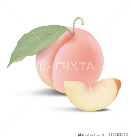 Fresh peach and a slice portion with leave 136105923
