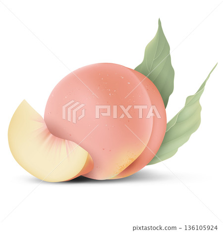 Fresh peach and a slice portion with leaves on white 136105924