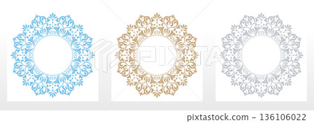 Set of decorative frames Elegant vector element for design in Eastern style, place for text. Floral colored frames. Lace illustration for invitations and greeting cards 136106022