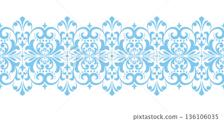 Wallpaper in the style of Baroque. White and blue floral ornament. Modern vector background. Graphic pattern for fabric, wallpaper, packaging. Ornate Damask flower illustration 136106035